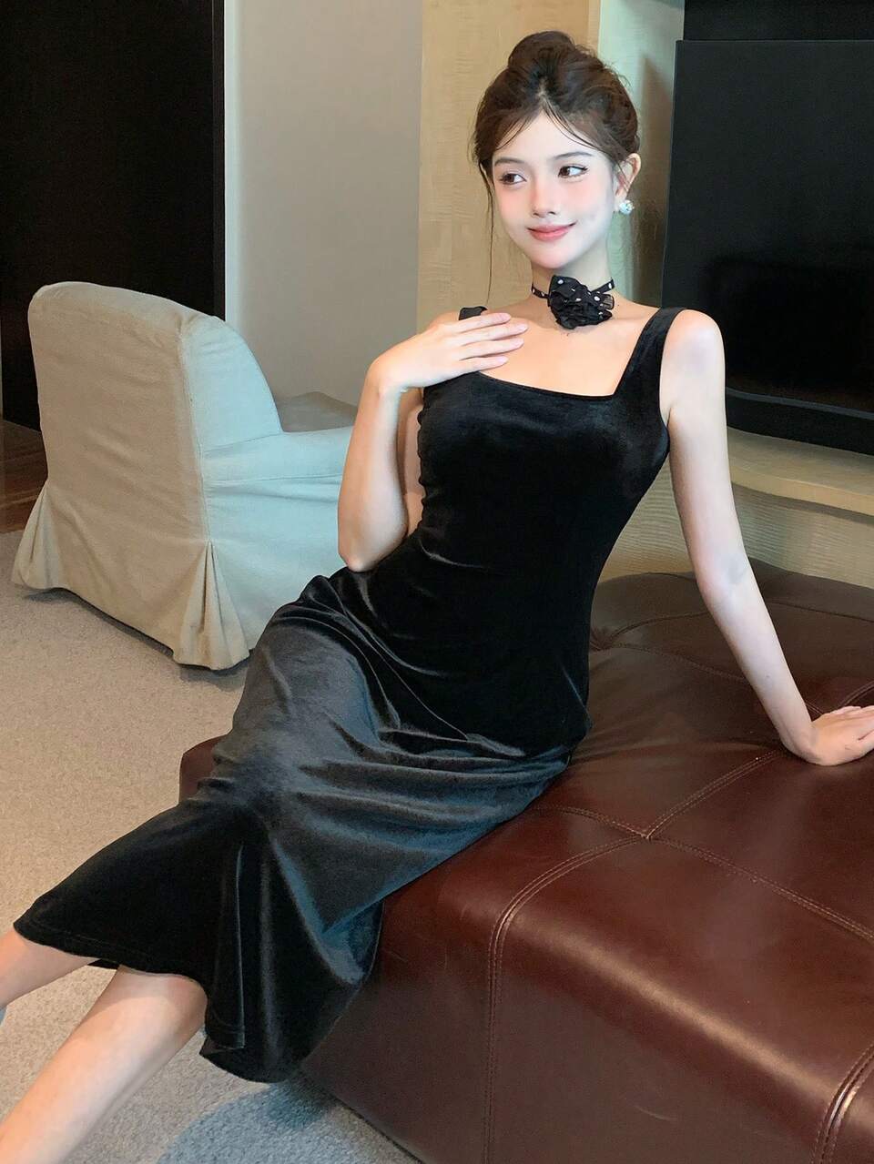 1pc Women's Elegant Solid Color Velvet Sleeveless Dress, Autumn, Birthday Prom Dress Sundress