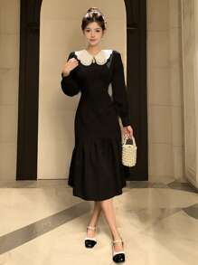 DAZY 1 件女士优雅彼得潘领撞色长款鱼尾下摆连衣裙，秋季、生日、新年舞会礼服，荷叶边 - 黑色 - 查看 1