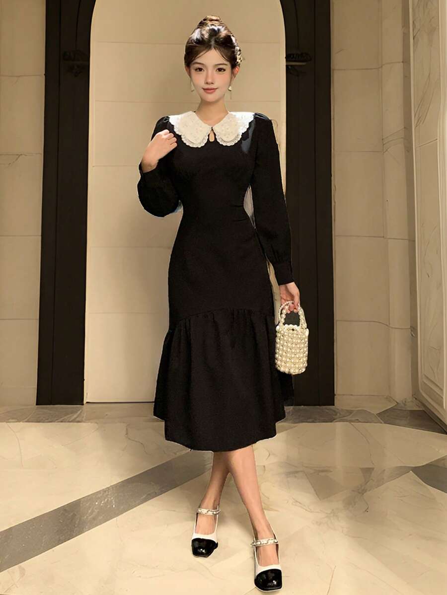 DAZY 1 件女士优雅彼得潘领撞色长款鱼尾下摆连衣裙，秋季、生日、新年舞会礼服，荷叶边 - 黑色 - 查看 1