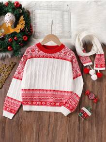 Pull jacquard à motif vintage et doux de style Fair Isle avec une écharpe assortie mignonne à pompon, pour Noël - Rouge - Voir 3