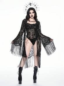 ROMWE Goth Gothic Floral Flocked Jumpsuit Wrap Top & Sexy Lingerie Set
