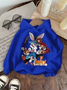 SHEIN Leap Crew 男婴休闲简约卡通兔子图案针织柔软卫衣，加厚设计，适合秋季穿着 - 藍色 - 查看 2