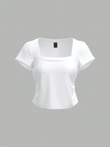 SHEIN BASICS Casual Solid Color Knit Square Neck Short Sleeve Fitted Women T-Shirt