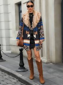 Chiquease 休闲几何印花宽松毛领夹克，秋季 - 彩色 - 查看 3