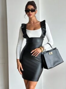 Firerie Women Elegant Minimalist Commuter Style Leather White/Black Pinafore Dress With Ruffle Hem