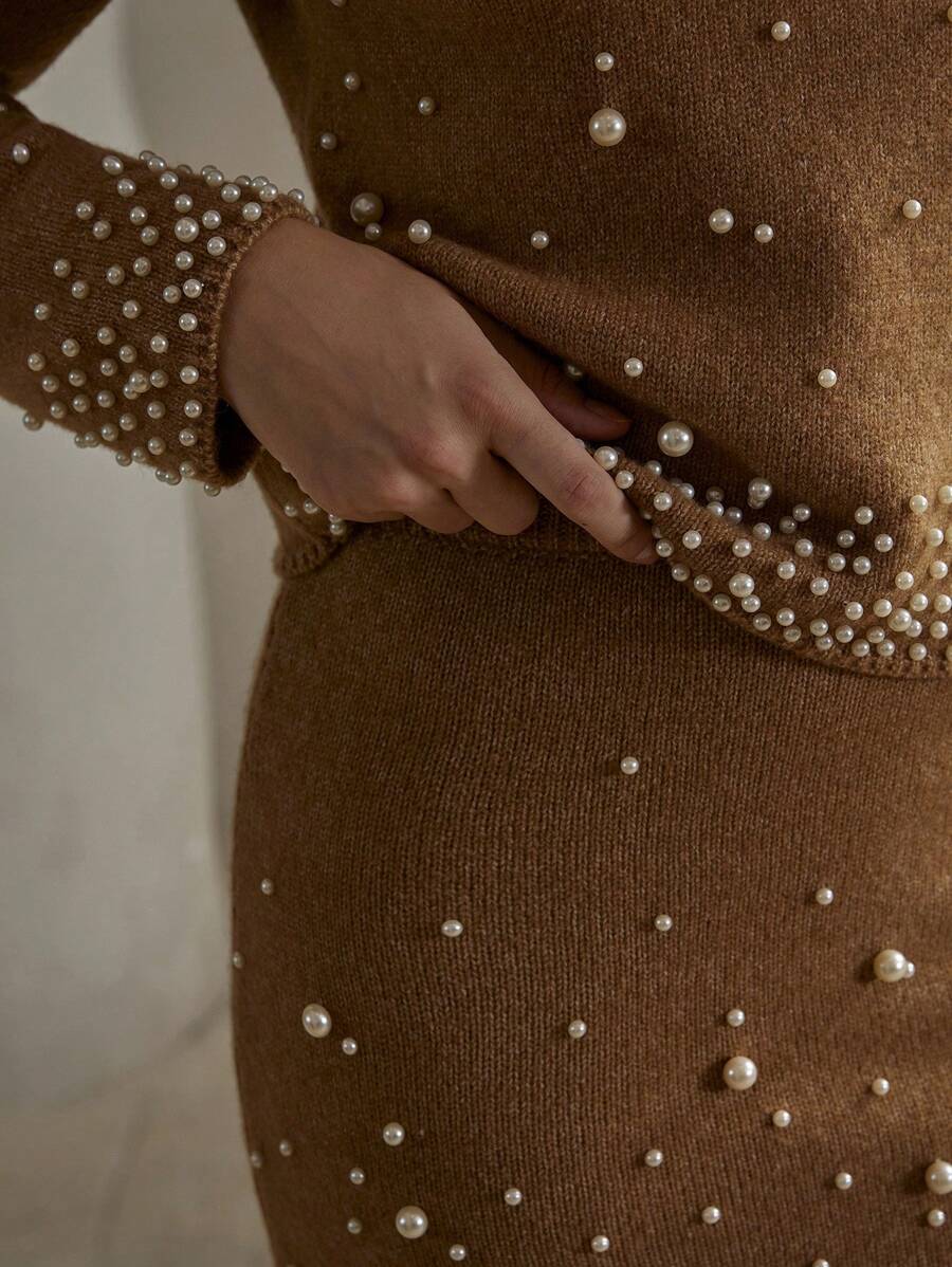 Anewsta White Heavy Pearls Knit Pullover Top & Skirt Set - Coffee Brown - View 1