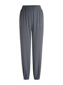 TaskEZ Solid Color Splicing Front Button Long Sleeve Pocket Scrubs Scrub Uniform Top And Pants - Pink - View 5