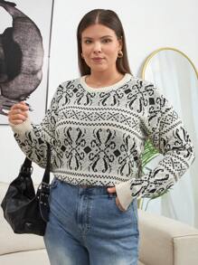 RueChic Pull ample pour femmes, motif géométrique, col rond, épaules tombantes, manches longues, décontracté, automne/hiver - Noir et Blanc - Voir 3