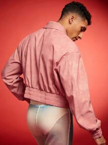 FeverCity Men's PU Leather Short Jacket With Long Sleeves, For Fall Winter - Pink - View 4