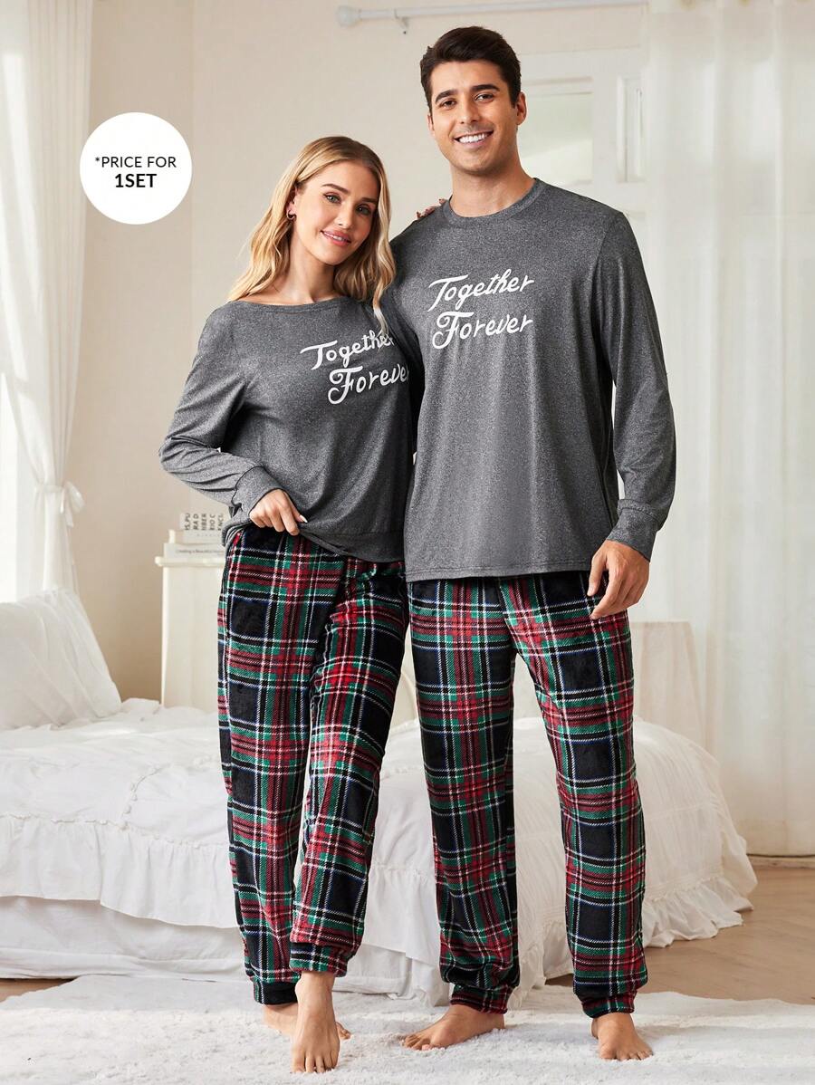 2 件套字母印花套头衫长袖羊毛格子长裤男士睡衣套装 - 灰色 - 查看 1