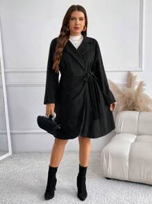 SHEIN Frenchy Plus Size Casual Belted Wrap Overcoat, Autumn/Winter Fall/Winter - Black - View 5