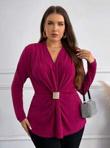 SHEIN Frenchy Plus Size Women's Solid Color V-Neck Long Sleeve Ruched Elegant T-Shirt, Autumn - Rose Red - View 6