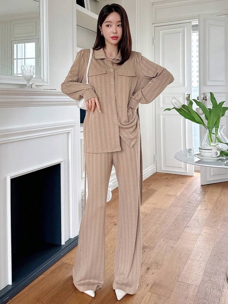 2pcs Women Casual Set, Textured Long Sleeve Single-Breasted Shirt And Wide Leg Pants,Fall Clothes Lounge Sets For Women