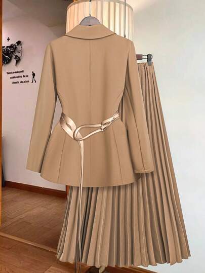 SHEIN Privé Women Casual Business Trouser Suit Set With Loose Fit Textured Khaki Color, Autumn/Winter