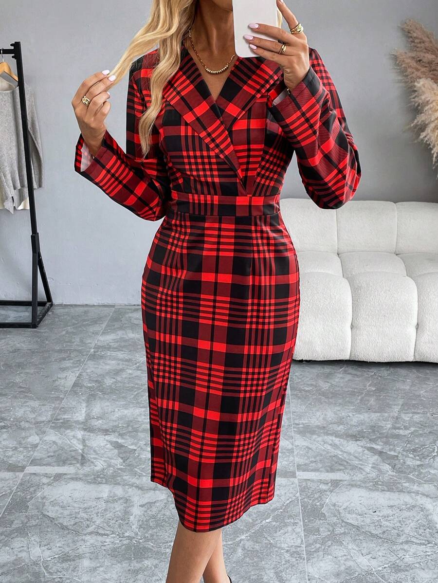 SHEIN Clasi Casual Plaid Lapel Waisted Dress, Autumn/Winter