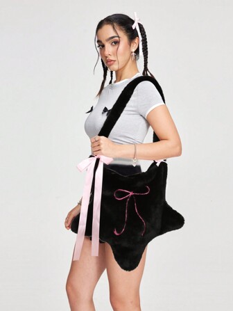 Kawaii Damen Flauschige Pentagon Stern Schleifen Stickerei Dekor Kordelzug Schultertasche, Große Kapazität