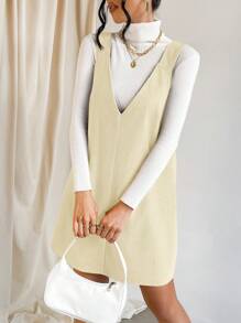 SHEIN Essnce 休闲纯色无袖连衣裙，秋季 - 杏色 - 查看 3