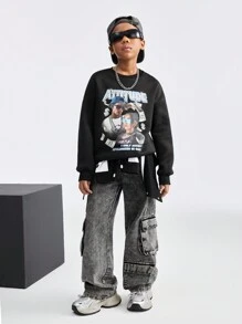 SHEIN Tween Girls' Letter & Figure Print Round Neck Drop Shoulder Long Sleeve Sweatshirt In Black, Autumn - Black - View 7