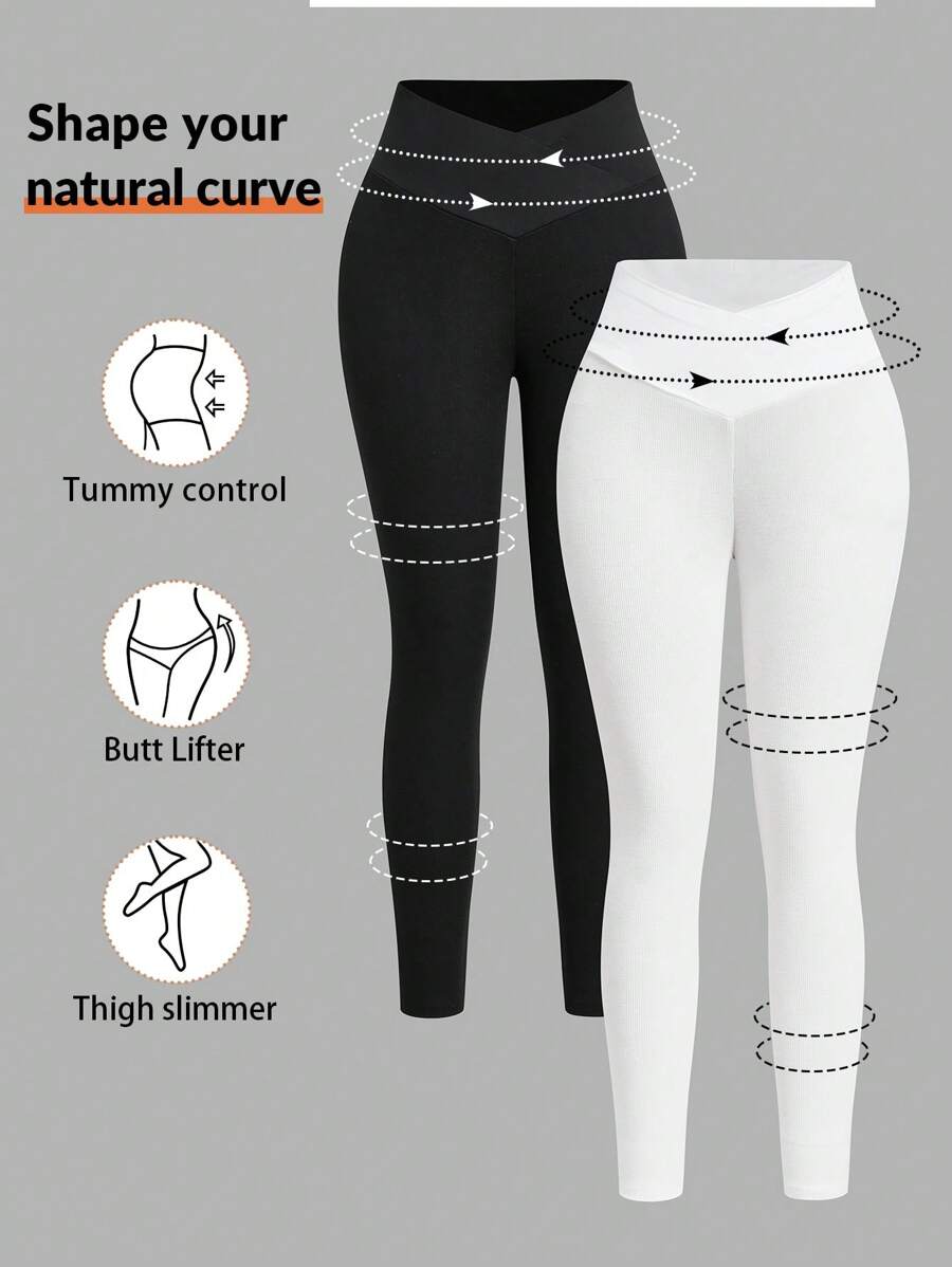 Slaydiva 女士休闲重叠高腰黑白紧身裤 - 黑與白 - 查看 1