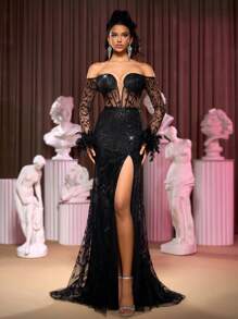 Glamrae 奢华、优雅、高贵的黑色露肩宽松花卉蕾丝高腰鱼尾连衣裙，适合单身派对、婚礼、毕业典礼、度假、晚宴、长袖正式舞会礼服、婚礼宾客晚宴、派对礼服、情人节等场合。 - 黑色 - 查看 5