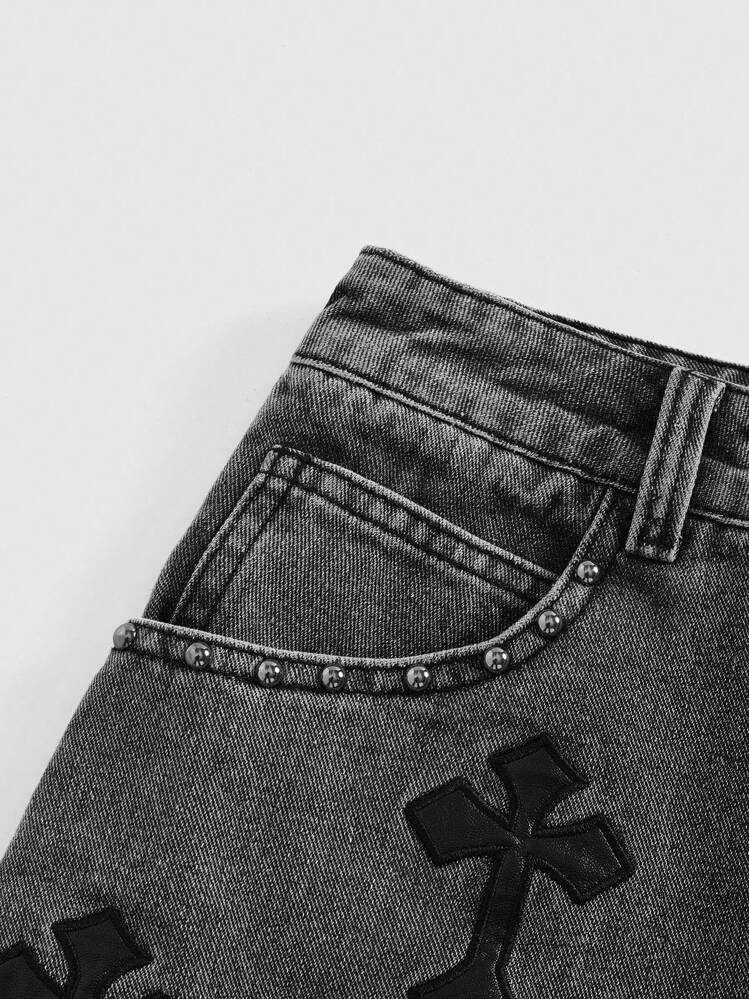 ROMWE Grunge Punk 女士刺绣十字牛仔迷你裙 - 深灰色 - 查看 2