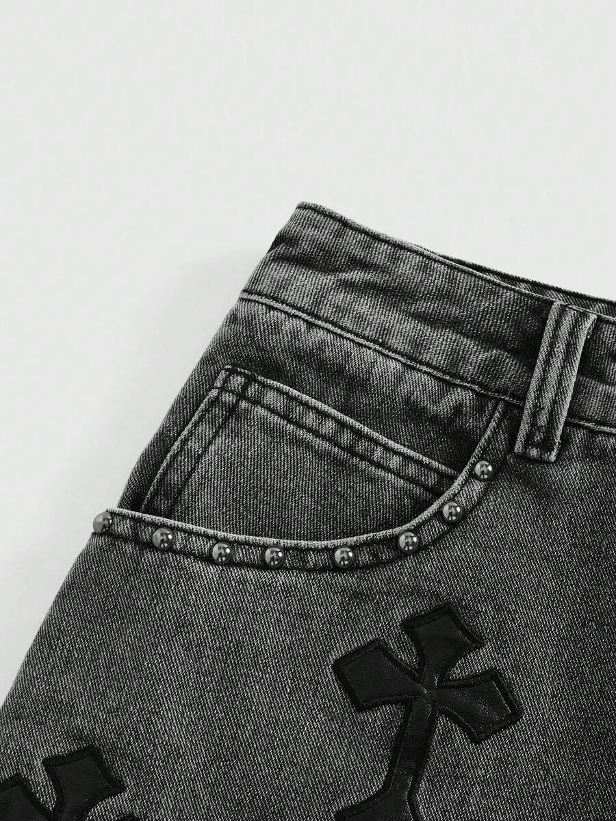 ROMWE Grunge Punk Women Embroidered Cross Denim Mini Skirt SHEIN