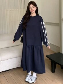DAZY 1 件女式纯色拼接蝴蝶结装饰休闲中长连衣裙秋冬 - 藏蓝色 - 查看 1