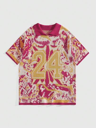 Prep Camisa casual de manga corta con cuello polo, patrón de números jacquard, adecuada para primavera/verano