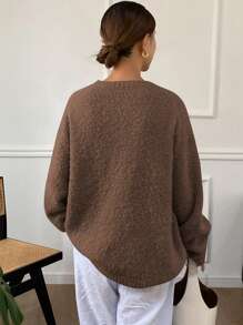 DAZY 1pc Women Solid Color Loose Round Neck Long Sleeve Sweater,Fall Women Clothes - Chocolate Brown - View 2