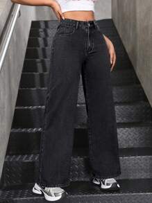 Button Front Pocket Simple Design Denim Casual Pants - Black - View 7