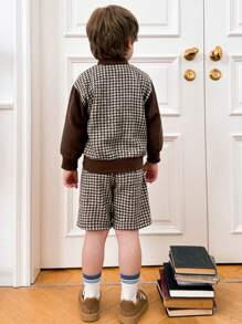 PrepCrw 年轻男孩学院风棕色格子单排扣无领长袖夹克，返校季，秋冬季 - 棕色 - 查看 2