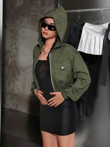 SHEIN Chaqueta corta con capucha de manga larga de mezclilla verde del ejército para adolescentes - Verde militar - Ver 1