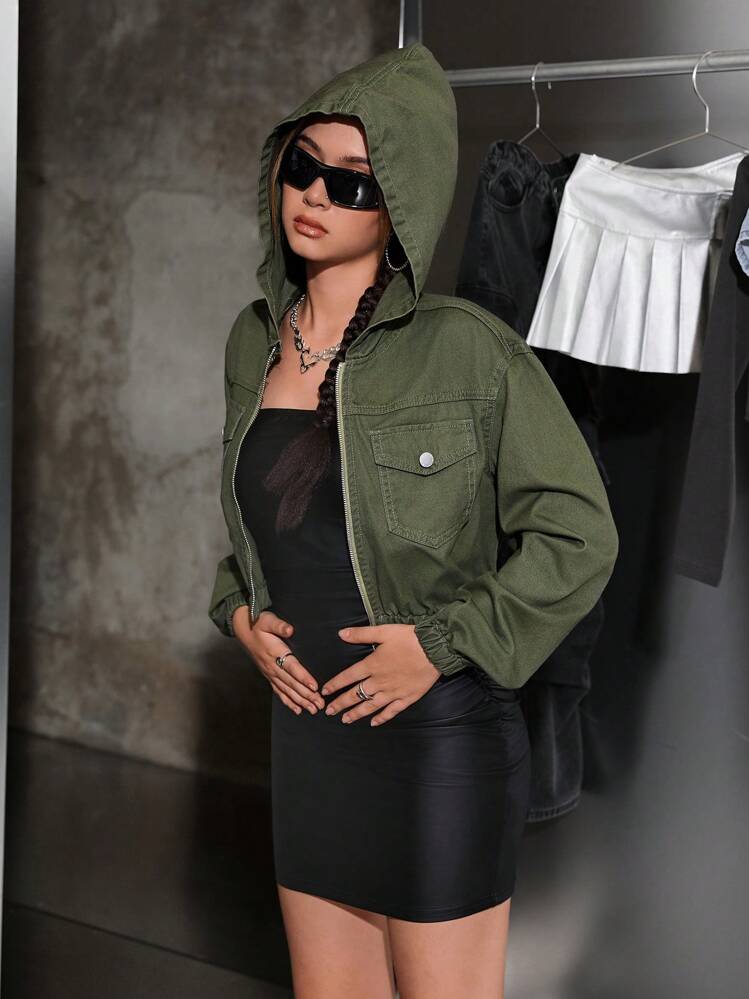 SHEIN Áo khoác denim dài tay có mũ trùm đầu màu xanh quân đội cho bé gái tuổi teen - xanh quân đội - Xem 1