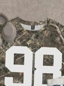 Attitoon 休闲街头风格叶子和数字 98 印花圆领宽松短袖 T 恤女士