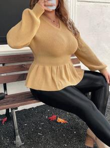 SHEIN LUNE Plus Size Casual V-Neck Ruffle Hem Sweater For Everyday Wear, Autumn/Winter Knit Pullover Fall - Khaki - View 5
