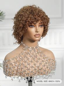 Short Curly Pixie Cut  Brown Color Machine Made Human Hair Wig With Bangs - S30 - View 3