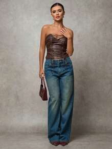 SHEIN BAE 1 件女士棕色 PU 皮革露背无袖上衣，交叉款式，适合万圣节、秋季 - 棕色 - 查看 6