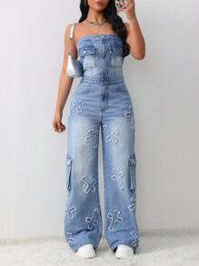 Cross Embroidered Bustier Denim Jumpsuit - Light Wash - View 1