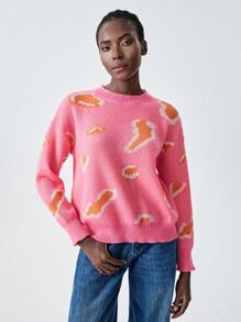 SHEIN Unity Women Stand Collar Long Sleeve Pattern Simple Knit Sweater, Casual Everyday Wear, Knit Pullover Fall Winter - Watermelon Pink - View 5