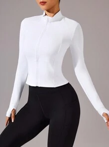 Easithlete Women's Solid Color Zip Front Long Sleeve Fitted Athletic Jacket - White - View 5