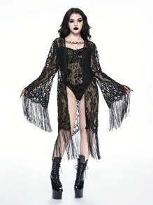 ROMWE Goth Gothic Floral Flocked Jumpsuit Wrap Top & Sexy Lingerie Set