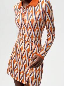 VARSITIE Contrast Color Polo Collar Long Sleeve Printed Slim Fit Women Active Dresses - Multicolor - View 4