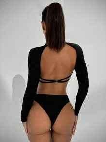 SHEIN BAE 女士秋季简约百搭紧身衣，立领长袖露背修身日常休闲/约会装，黑色 - 黑色 - 查看 2