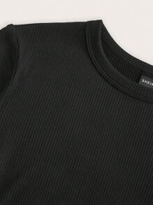 SHEIN BASICS 经典圆领长袖修身女式针织 T 恤 - 黑色 - 查看 3