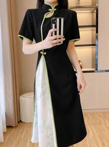 SHEIN Unity Women's Summer Turndown Collar Color Block Short Sleeve Elegant Chinese Style Midi Dress Maxi Women Outfit