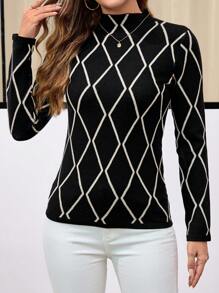 EMERY ROSE Jersey casual de mujer de cuello alto, de manga larga, de corte ajustado, con estampado jacquard a cuadros - Multicolor - Ver 5
