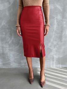 EURMUSE Women's High Waisted Tight Red Leather Skirt With Side Slit - Red - View 4