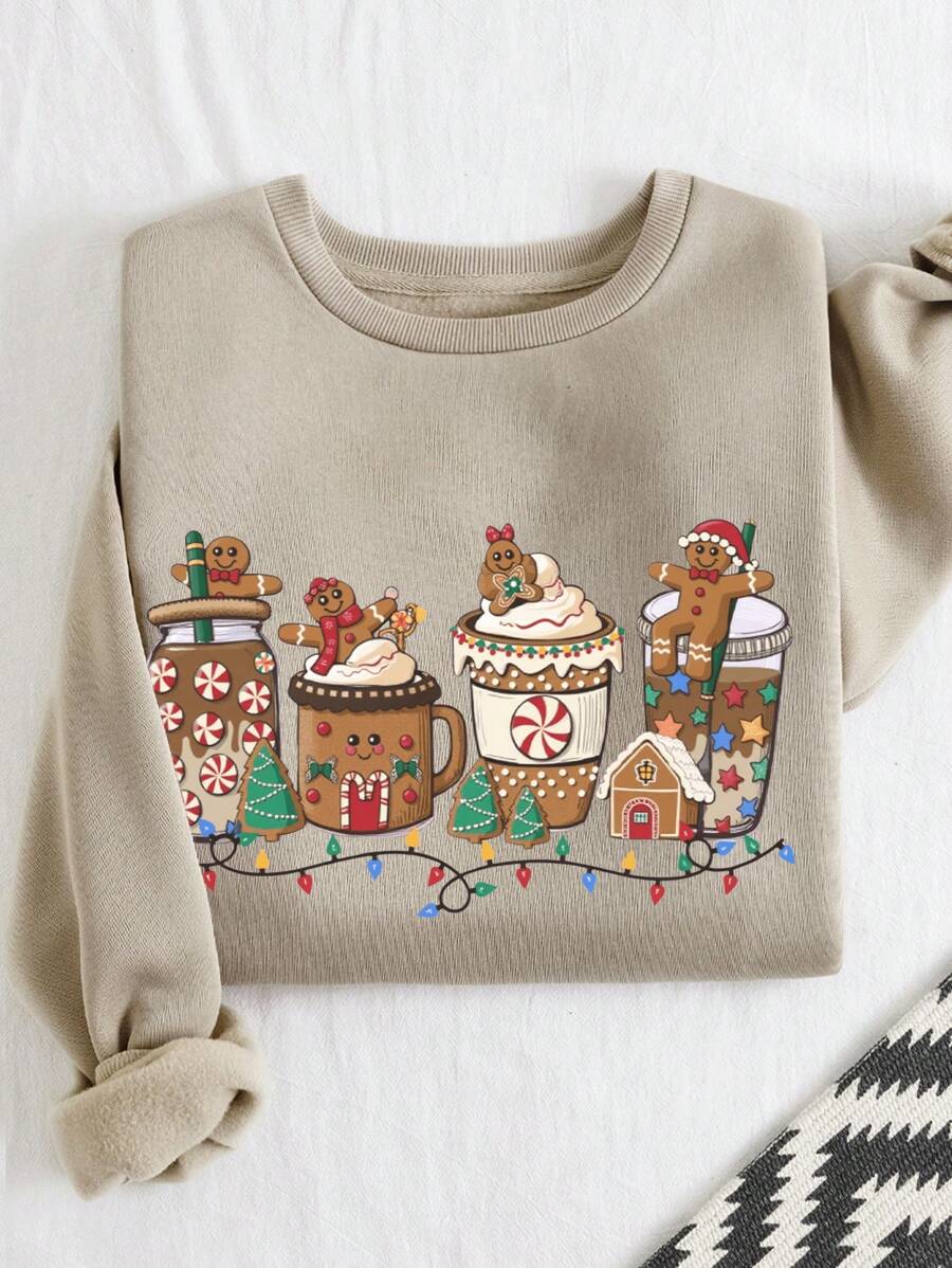 INAWLY Sudadera casual de cuello redondo de manga larga con estampado de pan de jengibre, talla grande, para otoño/invierno