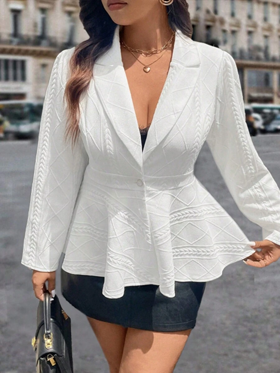 Celure Plus Size Notched Lapel Long Sleeve Button Front Minimalist Blazer, Casual Wear - White - View 1