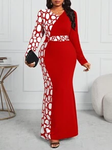 SHEIN Lady Plus Size Women Black & Contrast Geometric Pattern Fitted Fishtail Hem Dress, For Business/Professional